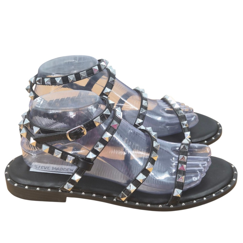 Steve Madden Travel Black Studded Gladiator Flat Sandals Womens Size 9 TRAV02S1